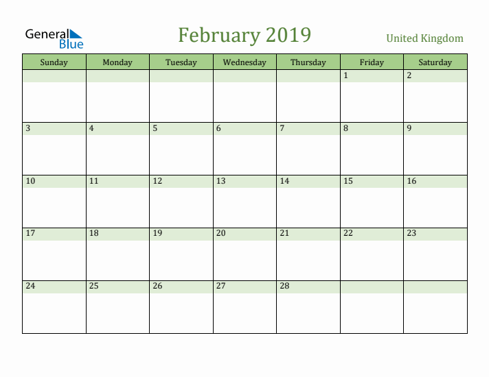 February 2019 Calendar with United Kingdom Holidays
