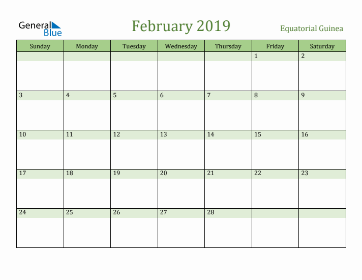 February 2019 Calendar with Equatorial Guinea Holidays