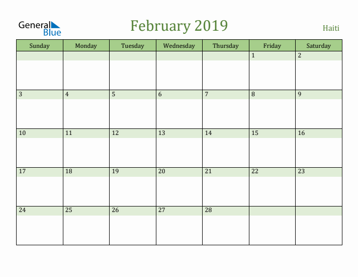 February 2019 Calendar with Haiti Holidays