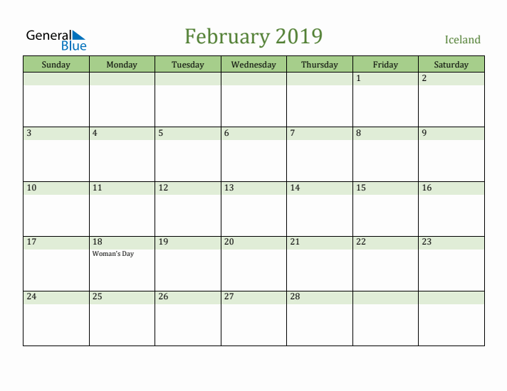 February 2019 Calendar with Iceland Holidays