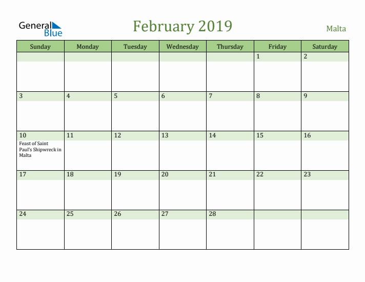 February 2019 Calendar with Malta Holidays