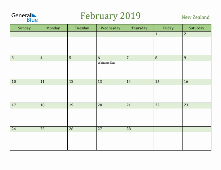 February 2019 Calendar with New Zealand Holidays