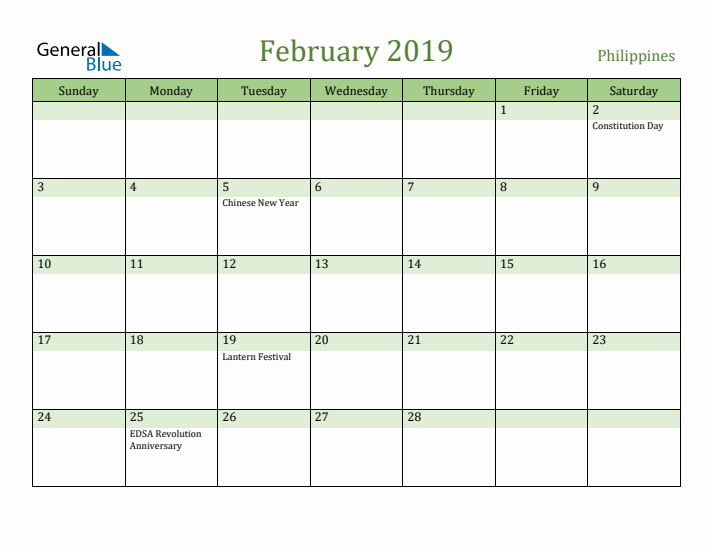 February 2019 Calendar with Philippines Holidays
