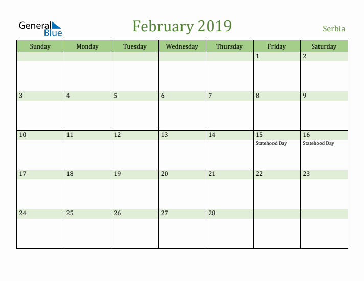 February 2019 Calendar with Serbia Holidays