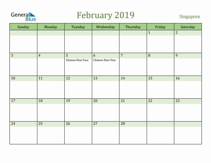 February 2019 Calendar with Singapore Holidays