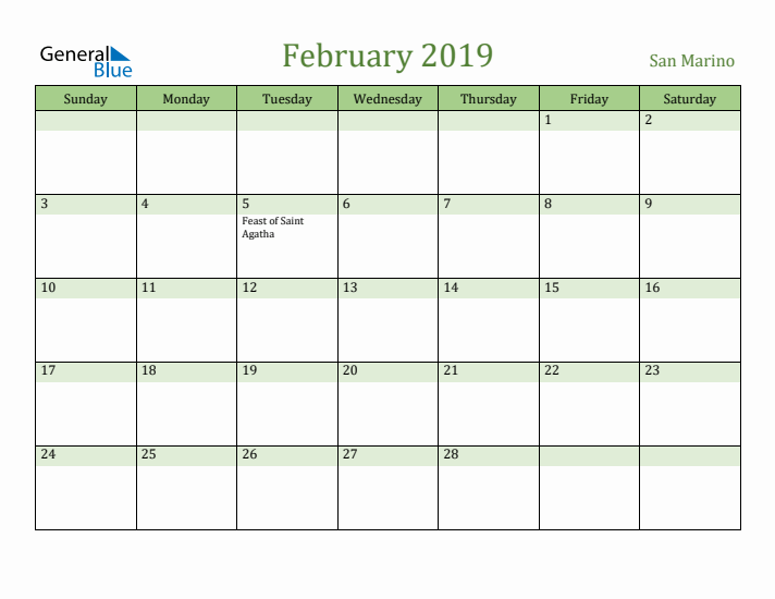 February 2019 Calendar with San Marino Holidays