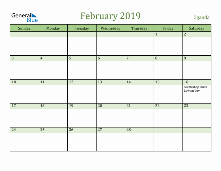 February 2019 Calendar with Uganda Holidays