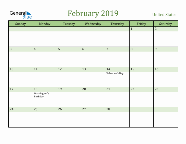 February 2019 Calendar with United States Holidays