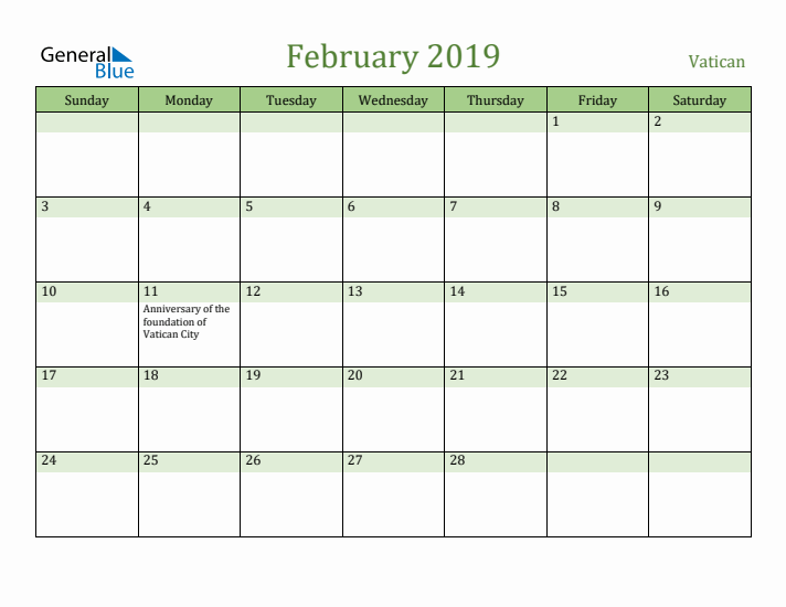 February 2019 Calendar with Vatican Holidays