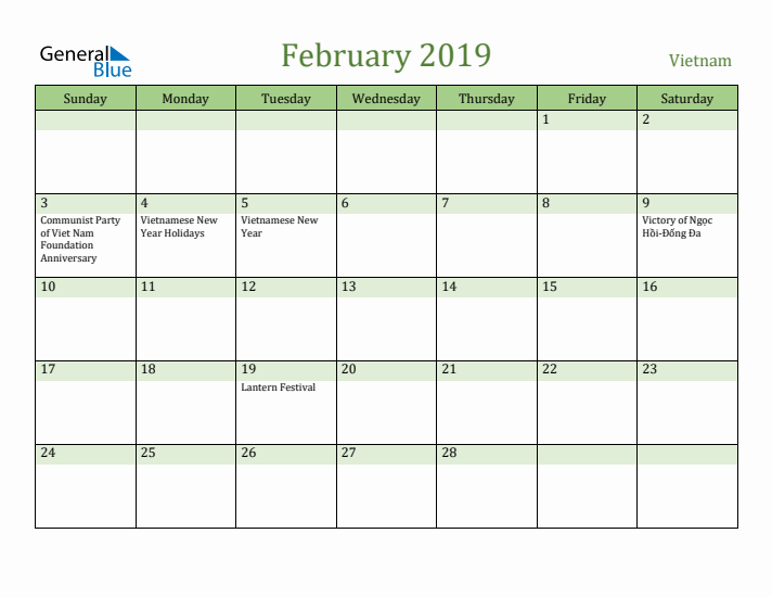February 2019 Calendar with Vietnam Holidays