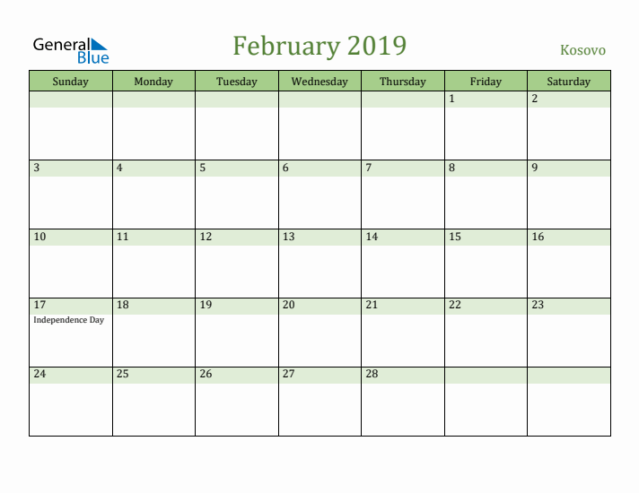 February 2019 Calendar with Kosovo Holidays