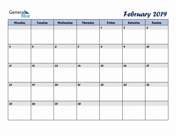February 2019 Blue Calendar (Monday Start)