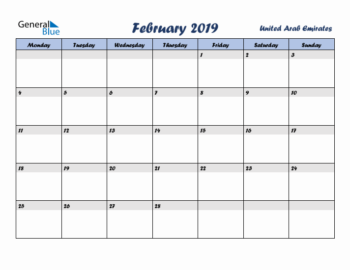 February 2019 Calendar with Holidays in United Arab Emirates