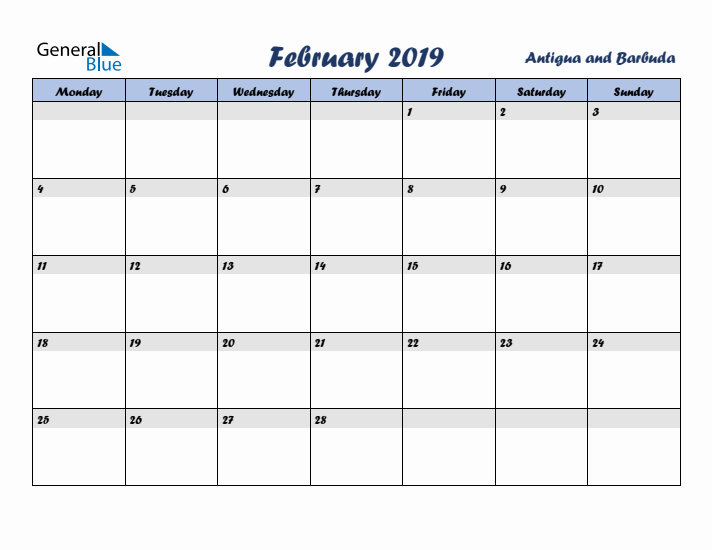 February 2019 Calendar with Holidays in Antigua and Barbuda