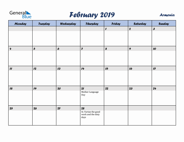 February 2019 Calendar with Holidays in Armenia