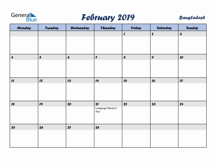 February 2019 Calendar with Holidays in Bangladesh