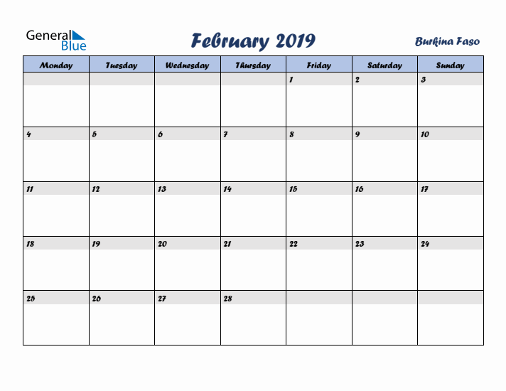 February 2019 Calendar with Holidays in Burkina Faso