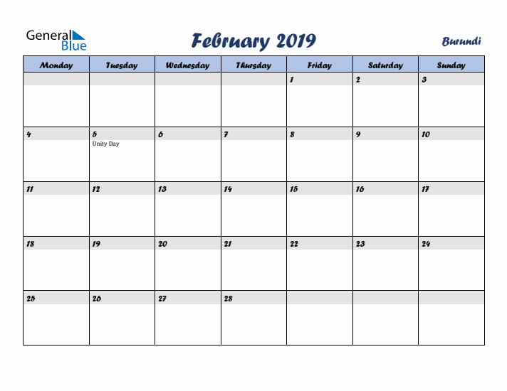 February 2019 Calendar with Holidays in Burundi