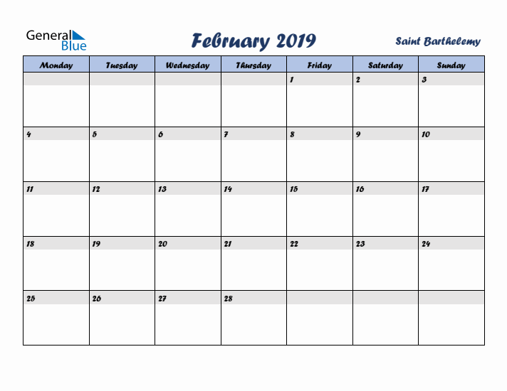 February 2019 Calendar with Holidays in Saint Barthelemy