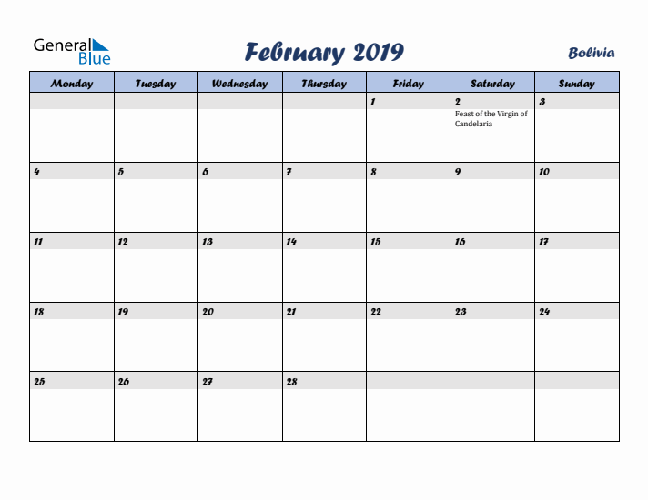 February 2019 Calendar with Holidays in Bolivia