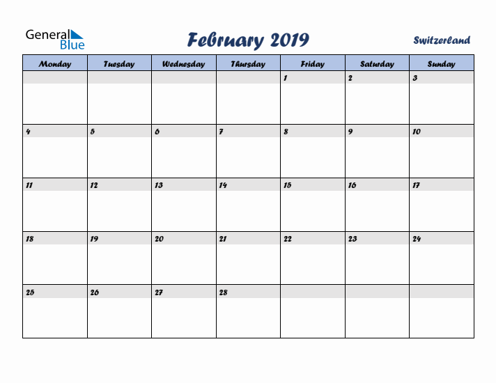February 2019 Calendar with Holidays in Switzerland