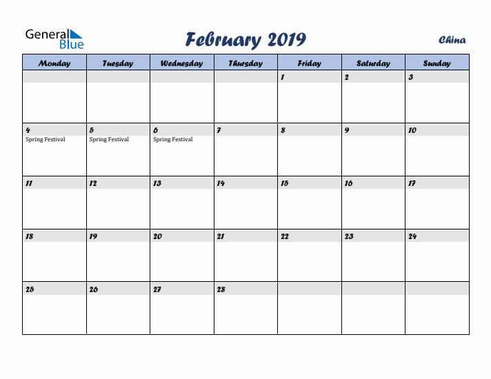 February 2019 Calendar with Holidays in China
