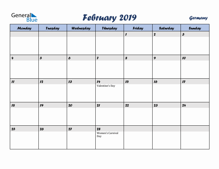 February 2019 Calendar with Holidays in Germany