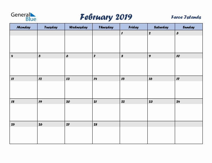 February 2019 Calendar with Holidays in Faroe Islands