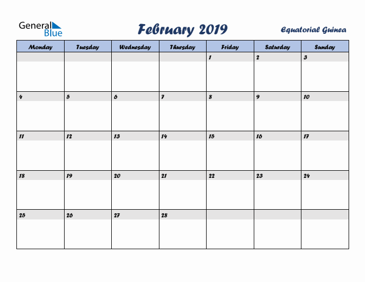 February 2019 Calendar with Holidays in Equatorial Guinea