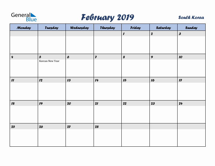 February 2019 Calendar with Holidays in South Korea