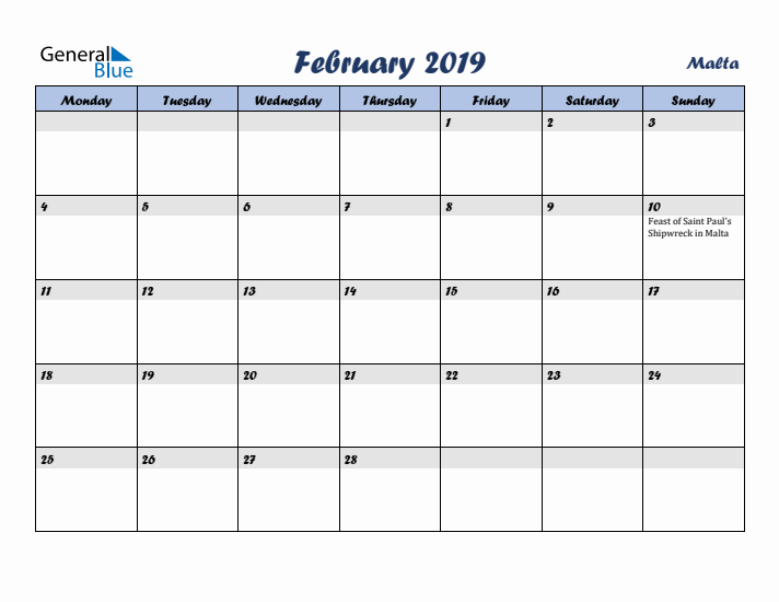 February 2019 Calendar with Holidays in Malta