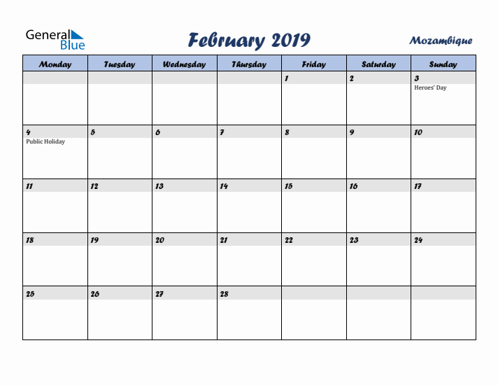 February 2019 Calendar with Holidays in Mozambique