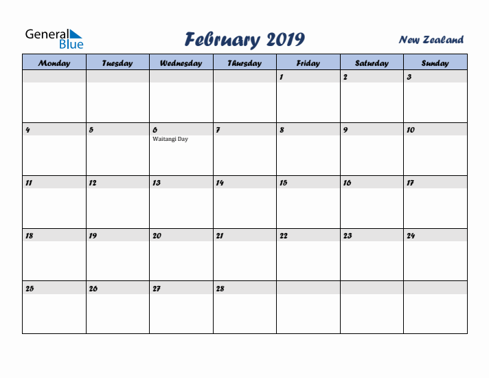 February 2019 Calendar with Holidays in New Zealand