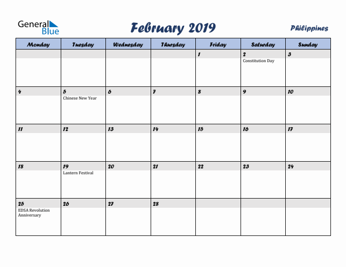 February 2019 Calendar with Holidays in Philippines