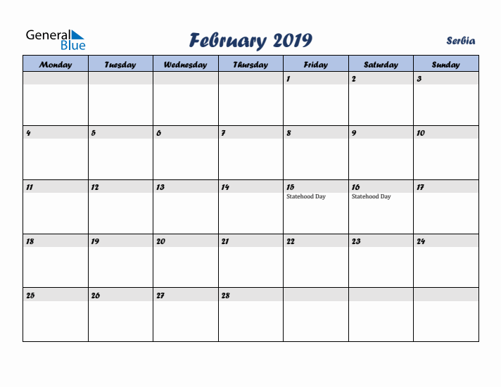 February 2019 Calendar with Holidays in Serbia