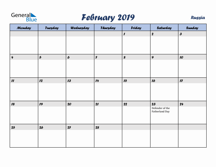 February 2019 Calendar with Holidays in Russia