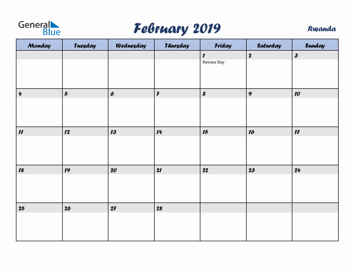 February 2019 Calendar with Holidays in Rwanda
