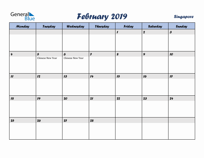 February 2019 Calendar with Holidays in Singapore