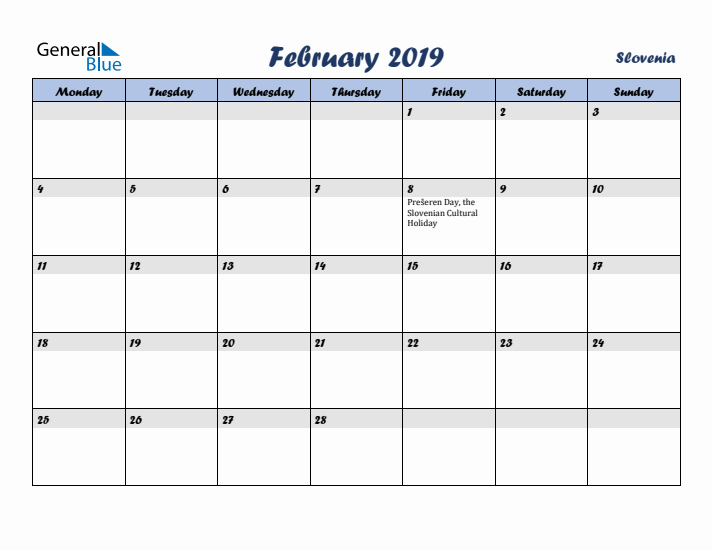 February 2019 Calendar with Holidays in Slovenia