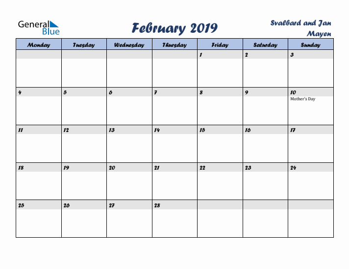 February 2019 Calendar with Holidays in Svalbard and Jan Mayen