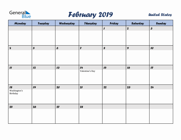 February 2019 Calendar with Holidays in United States