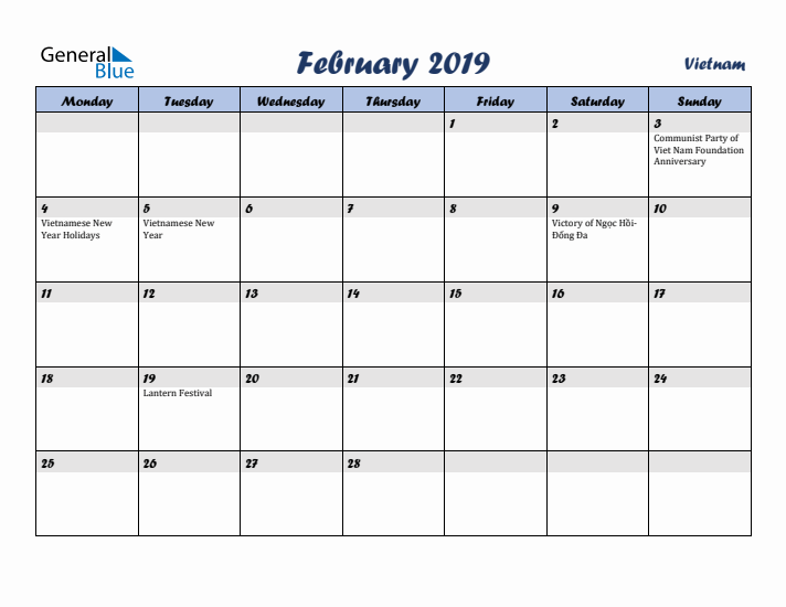 February 2019 Calendar with Holidays in Vietnam