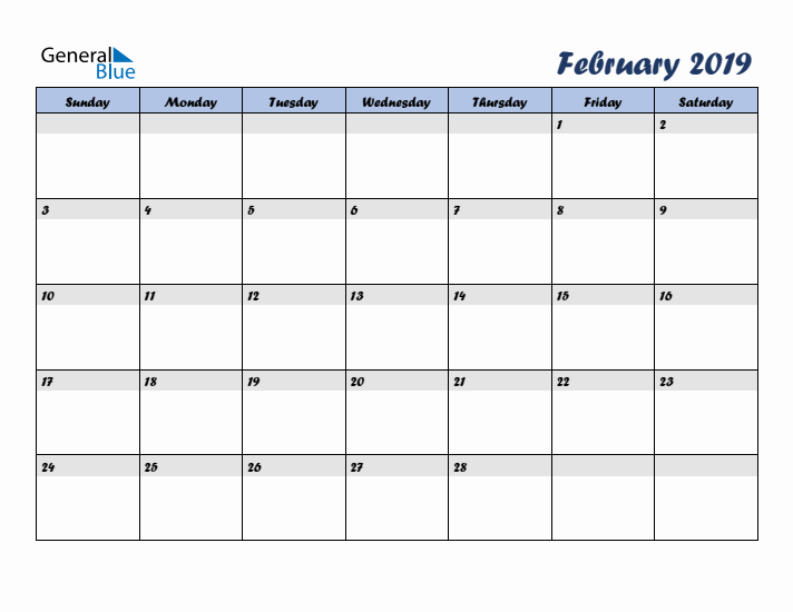 February 2019 Blue Calendar (Sunday Start)