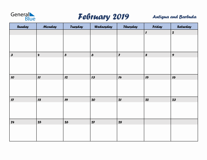 February 2019 Calendar with Holidays in Antigua and Barbuda