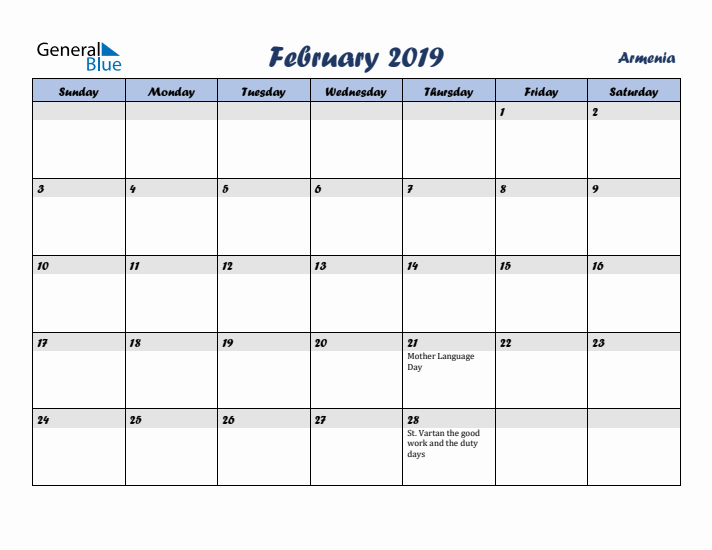 February 2019 Calendar with Holidays in Armenia