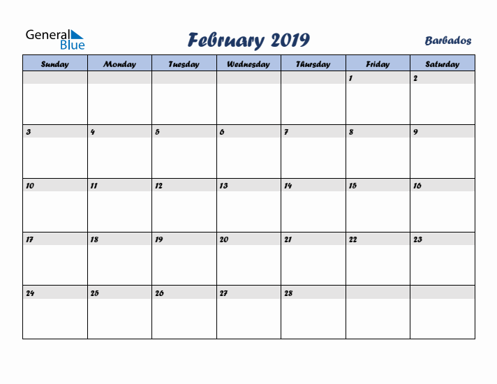 February 2019 Calendar with Holidays in Barbados
