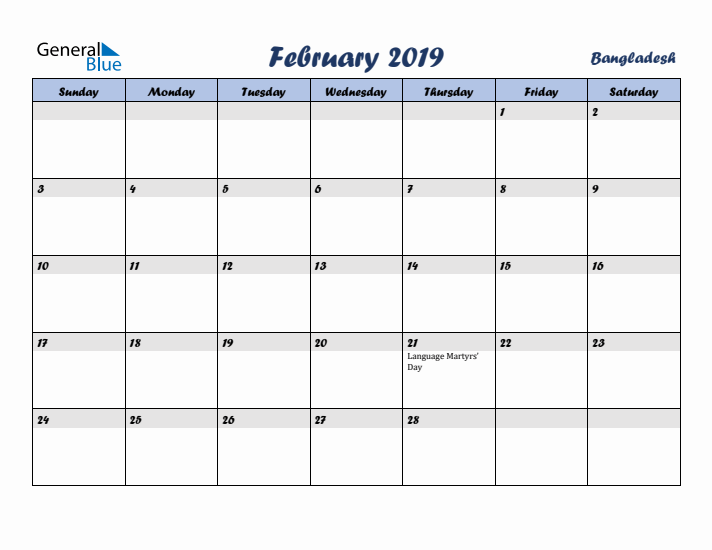 February 2019 Calendar with Holidays in Bangladesh