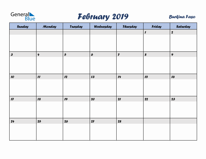 February 2019 Calendar with Holidays in Burkina Faso