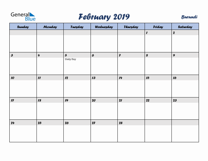 February 2019 Calendar with Holidays in Burundi
