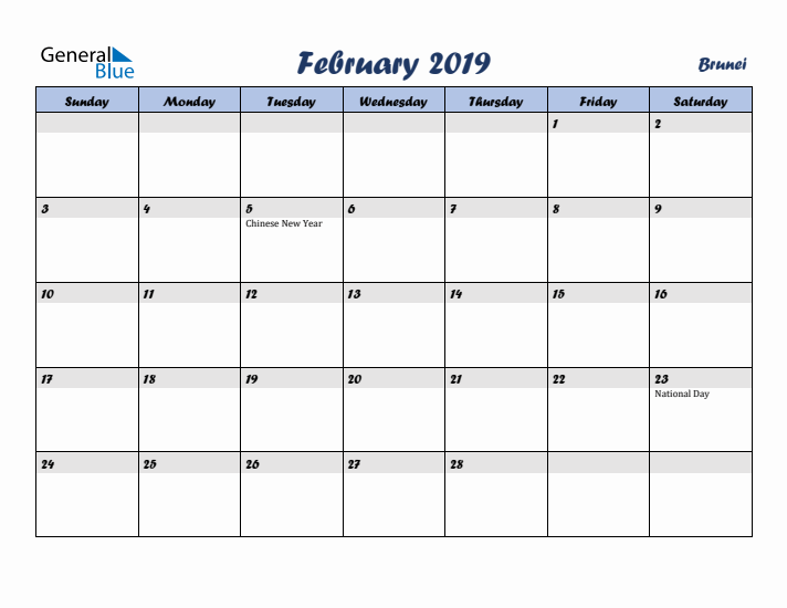 February 2019 Calendar with Holidays in Brunei